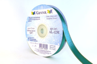 Лента атласная 12 мм двухстор. с металл. нитью "Gamma" №016зелёный/золото